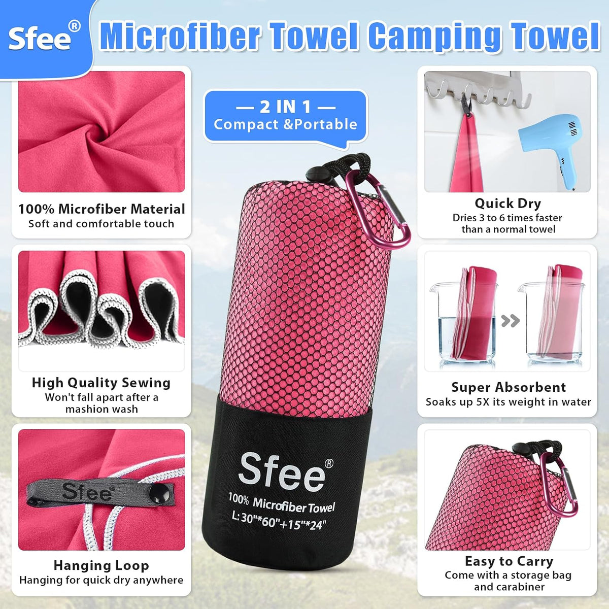 2 Pack Microfiber Travel Towel, Quick Dry Camping Towel Super Absorbent Compact Lightweight Sports Gym Towels Set for Gym, Hiking, Pool, Backpacking, Bath, Yoga