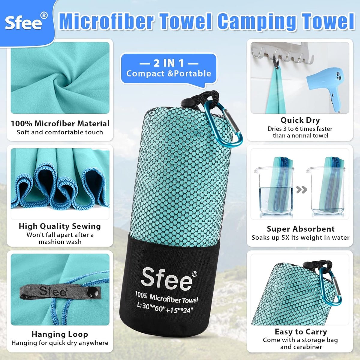 2 Pack Microfiber Travel Towel, Quick Dry Camping Towel Super Absorbent Compact Lightweight Sports Gym Towels Set for Gym, Hiking, Pool, Backpacking, Bath, Yoga