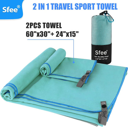 2 Pack Microfiber Travel Towel, Quick Dry Camping Towel Super Absorbent Compact Lightweight Sports Gym Towels Set for Gym, Hiking, Pool, Backpacking, Bath, Yoga
