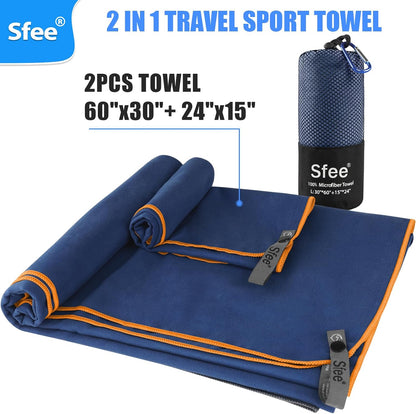 2 Pack Microfiber Travel Towel, Quick Dry Camping Towel Super Absorbent Compact Lightweight Sports Gym Towels Set for Gym, Hiking, Pool, Backpacking, Bath, Yoga