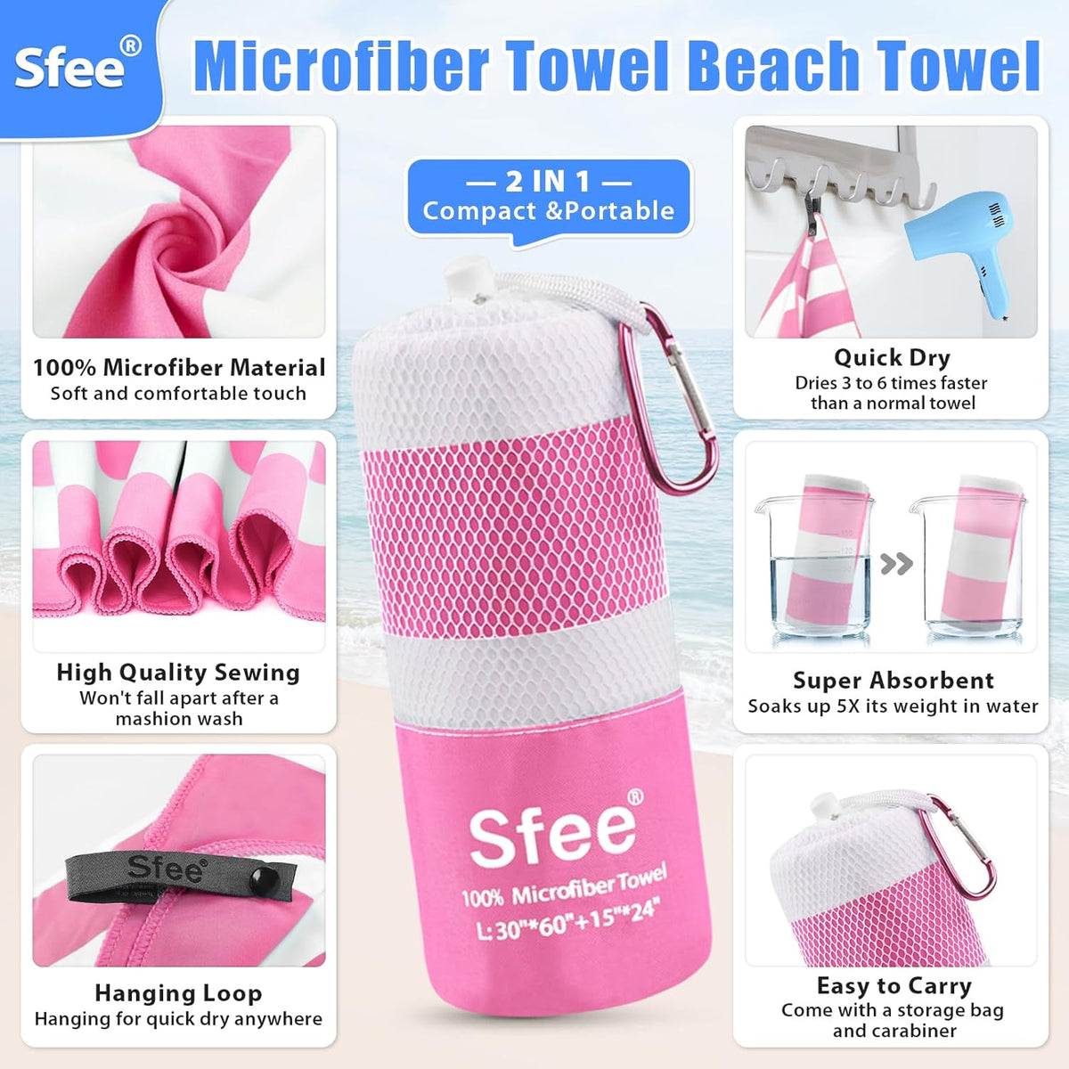 2 Pack Microfiber Travel Towel, Quick Dry Camping Towel Super Absorbent Compact Lightweight Sports Gym Towels Set for Gym, Hiking, Pool, Backpacking, Bath, Yoga
