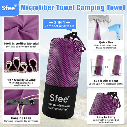 2 Pack Microfiber Travel Towel, Quick Dry Camping Towel Super Absorbent Compact Lightweight Sports Gym Towels Set for Gym, Hiking, Pool, Backpacking, Bath, Yoga