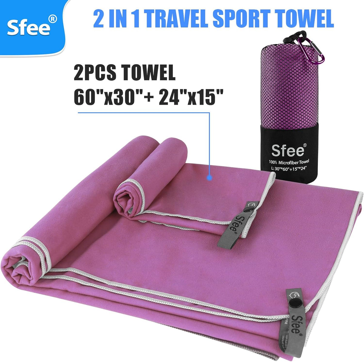 2 Pack Microfiber Travel Towel, Quick Dry Camping Towel Super Absorbent Compact Lightweight Sports Gym Towels Set for Gym, Hiking, Pool, Backpacking, Bath, Yoga