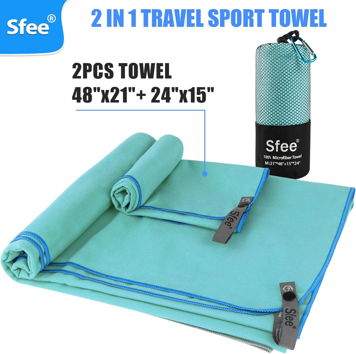 2 Pack Microfiber Travel Towel, Quick Dry Camping Towel Super Absorbent Compact Lightweight Sports Gym Towels Set for Gym, Hiking, Pool, Backpacking, Bath, Yoga
