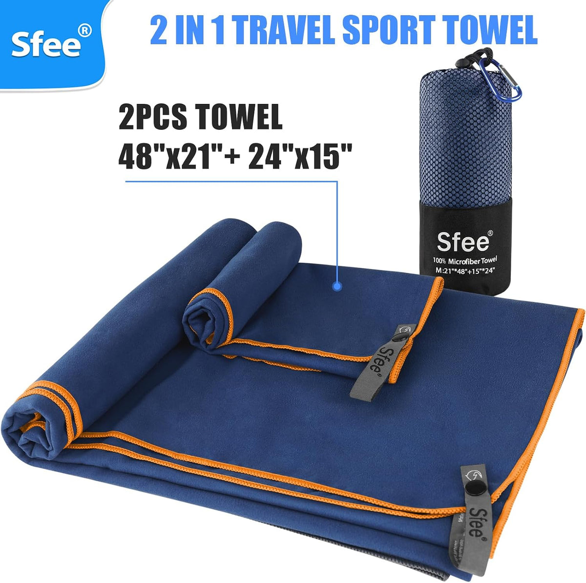 2 Pack Microfiber Travel Towel, Quick Dry Camping Towel Super Absorbent Compact Lightweight Sports Gym Towels Set for Gym, Hiking, Pool, Backpacking, Bath, Yoga