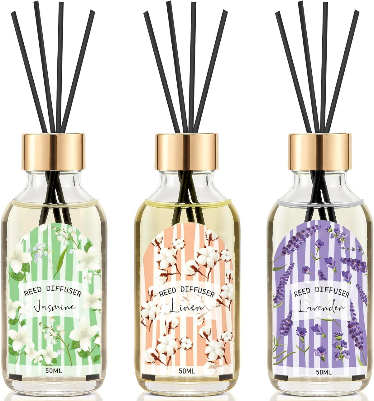 Reed Diffuser Set of 3 Pack, Linen Vanilla Citrus Scented Oil Diffuser with 15 Sticks, Reed Diffusers for Home, Bathroom Air Freshener, 1.7 Fl.oz Each, Total 5.1 Oz
