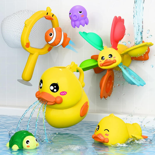 iPlay, iLearn Baby Duck Bath Toy, Suction Bathtub Water Toy for Toddler 1-3 | Bathtime Shower Set w/ Fishing Net, Spinner, Pool Float Animals, Birthday Gift 6 12 18 Month Infant 2 4 Year Old Kid Boy Girl