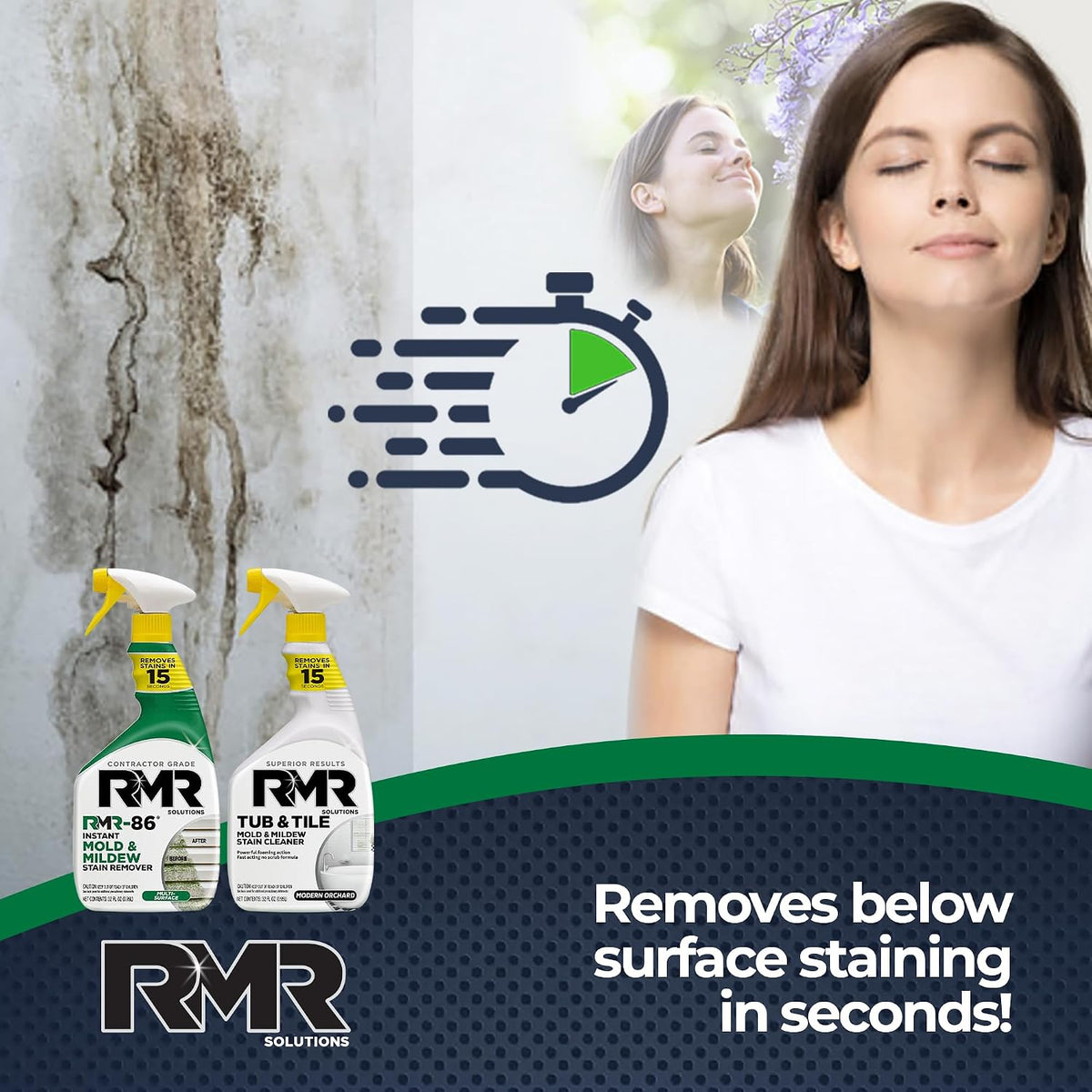 RMR Complete Mold & Mildew Stain Eraser System – No-Scrub Tub & Tile Cleaner + Instant Mold & Mildew Stain Remover Spray, Indoor/Outdoor Bathroom, Shower, Siding, & Deck Cleaning Kit, 2–32 Oz Bottles