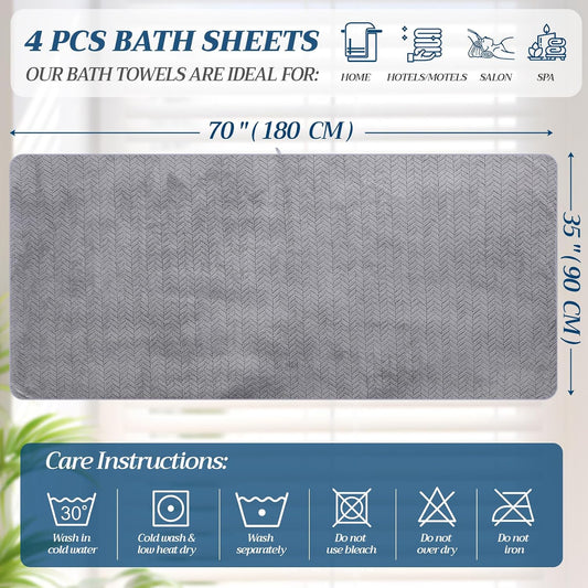 4 Pcs Extra Large Bath Towel Set 35" x 70" Oversized Turkish Luxury Plush Jacquard Bath Sheets Jumbo Soft Coral Velvet Bathroom Sheets Pink Gray Absorbent Blanket for Pool Shower Spa
