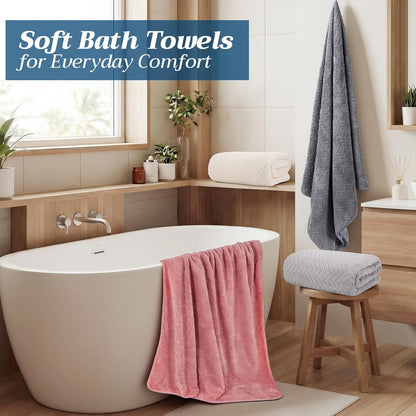 4 Pcs Extra Large Bath Towel Set 35" x 70" Oversized Turkish Luxury Plush Jacquard Bath Sheets Jumbo Soft Coral Velvet Bathroom Sheets Pink Gray Absorbent Blanket for Pool Shower Spa