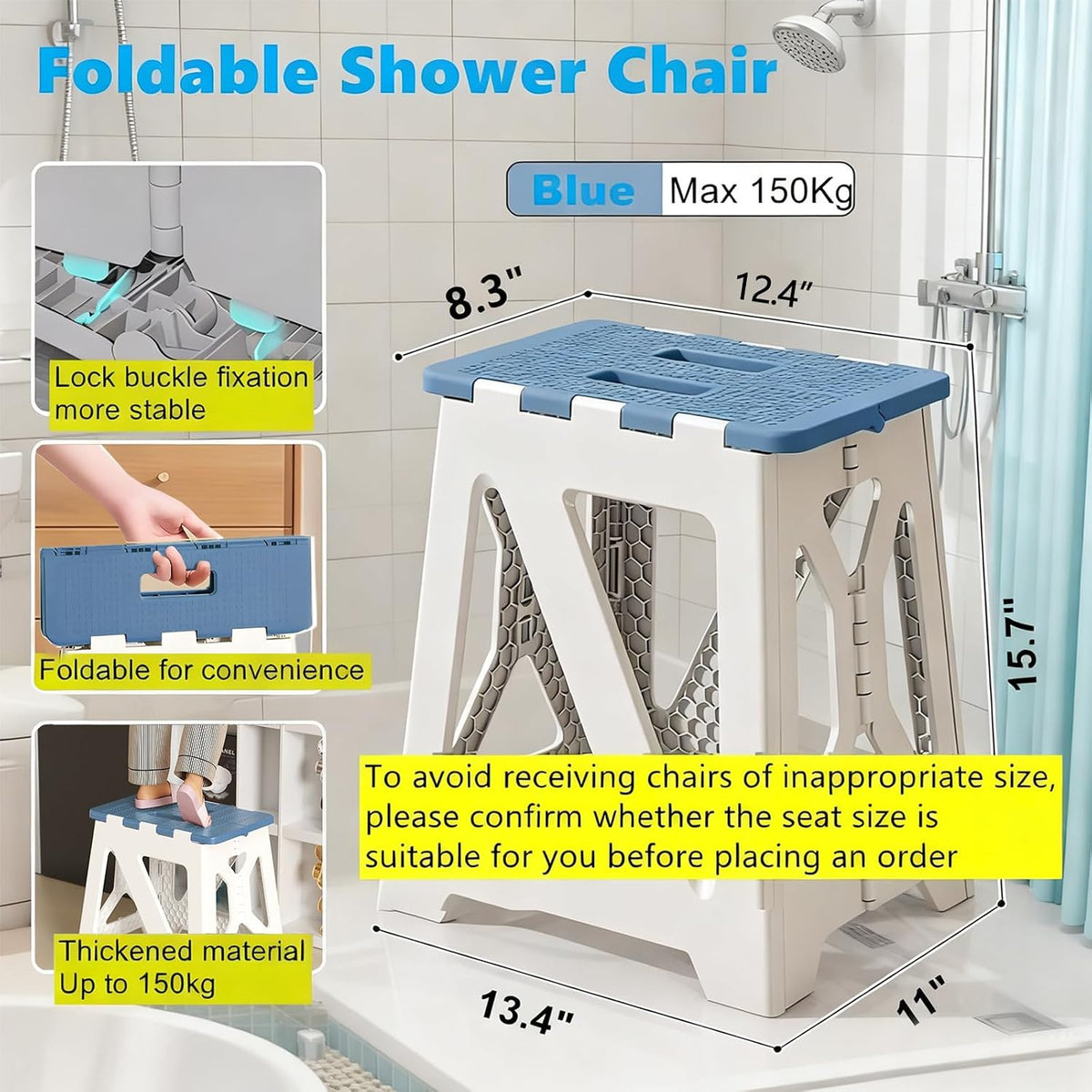 Foldables Shower Chair Seats for Inside Shower Stool Bench Folding Stools Adults Elderly and Disabled Tub Benches Bathroom (Blue Seat Size Foldable ShowerChair 15.7x8.3x12.5)