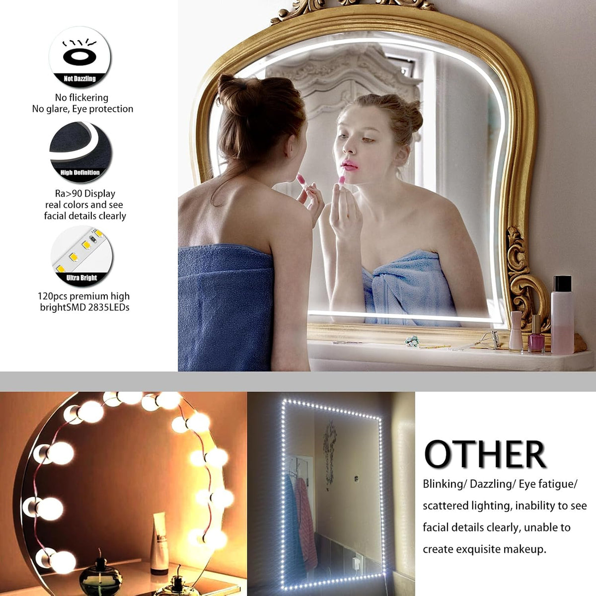 LED Vanity Mirror Lights, Hollywood Style Makeup Lighting, 10FT/6000K/Dimmable/12V Adapter/Self-Adhesive Strip Lights for Mirror, Lighting for Makeup Vanity Table & Bathroom Mirror
