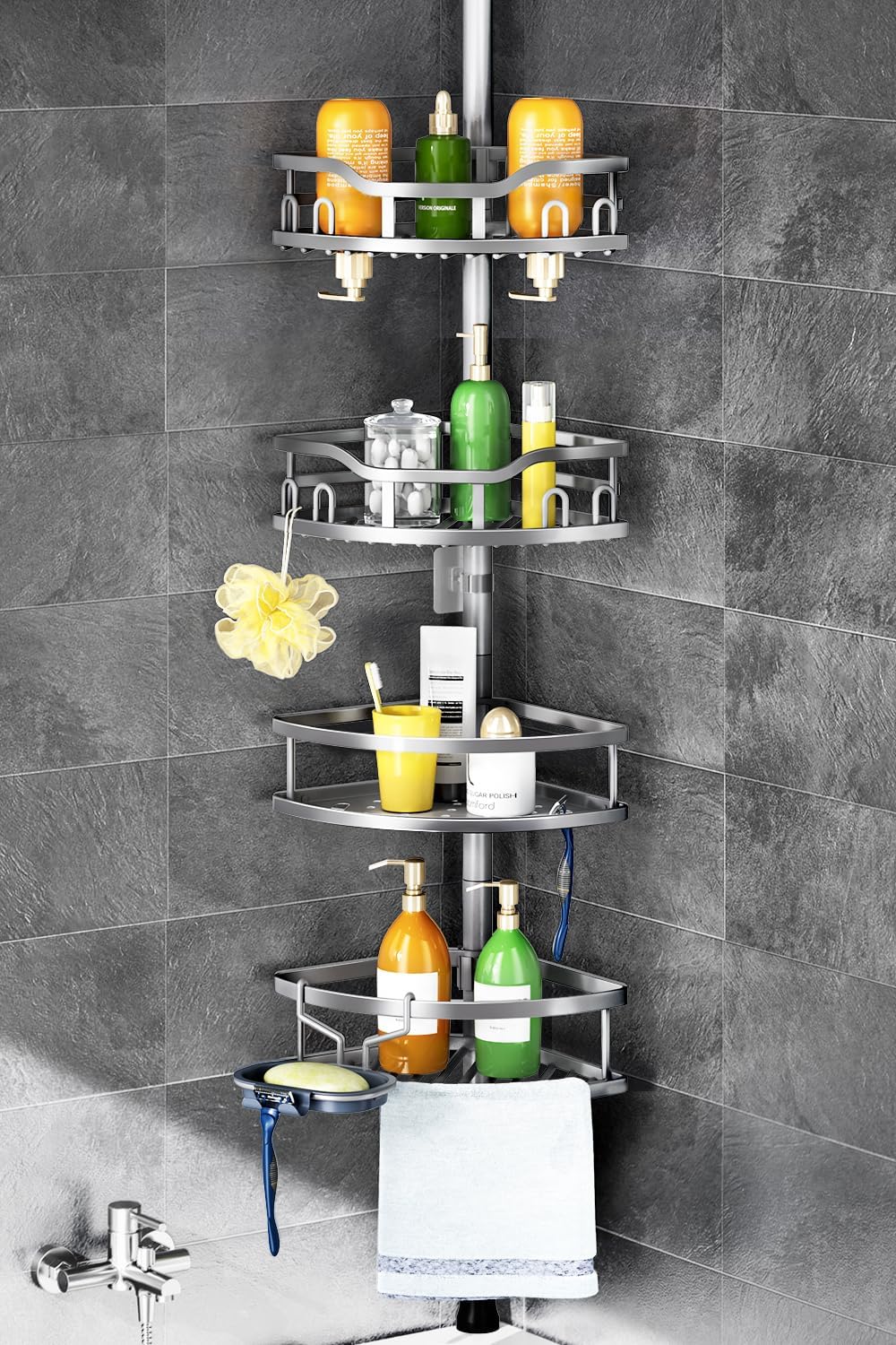 Corner Shower Caddy Tension Pole: Rustproof Stable 4-Tier Bathroom Organizer Shelves for Bathtub Shampoo Storage - 47-121 Inch Quick Install Adjustable Shelf with Soap Rack - Silver Gray