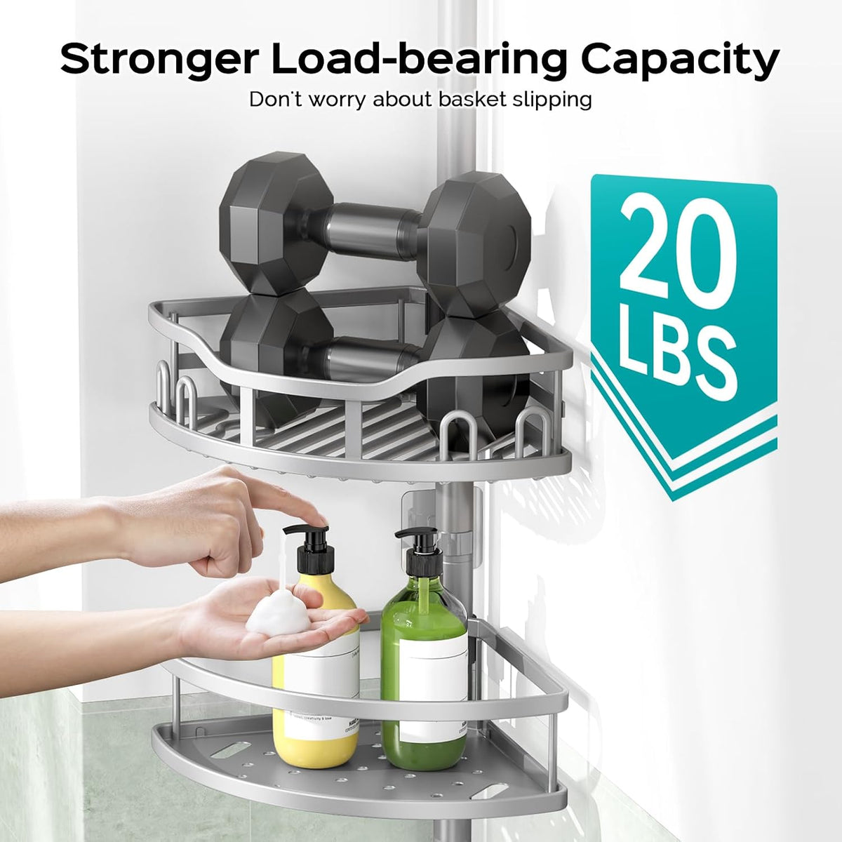 Corner Shower Caddy Tension Pole: Rustproof Stable 4-Tier Bathroom Organizer Shelves for Bathtub Shampoo Storage - 47-121 Inch Quick Install Adjustable Shelf with Soap Rack - Silver Gray