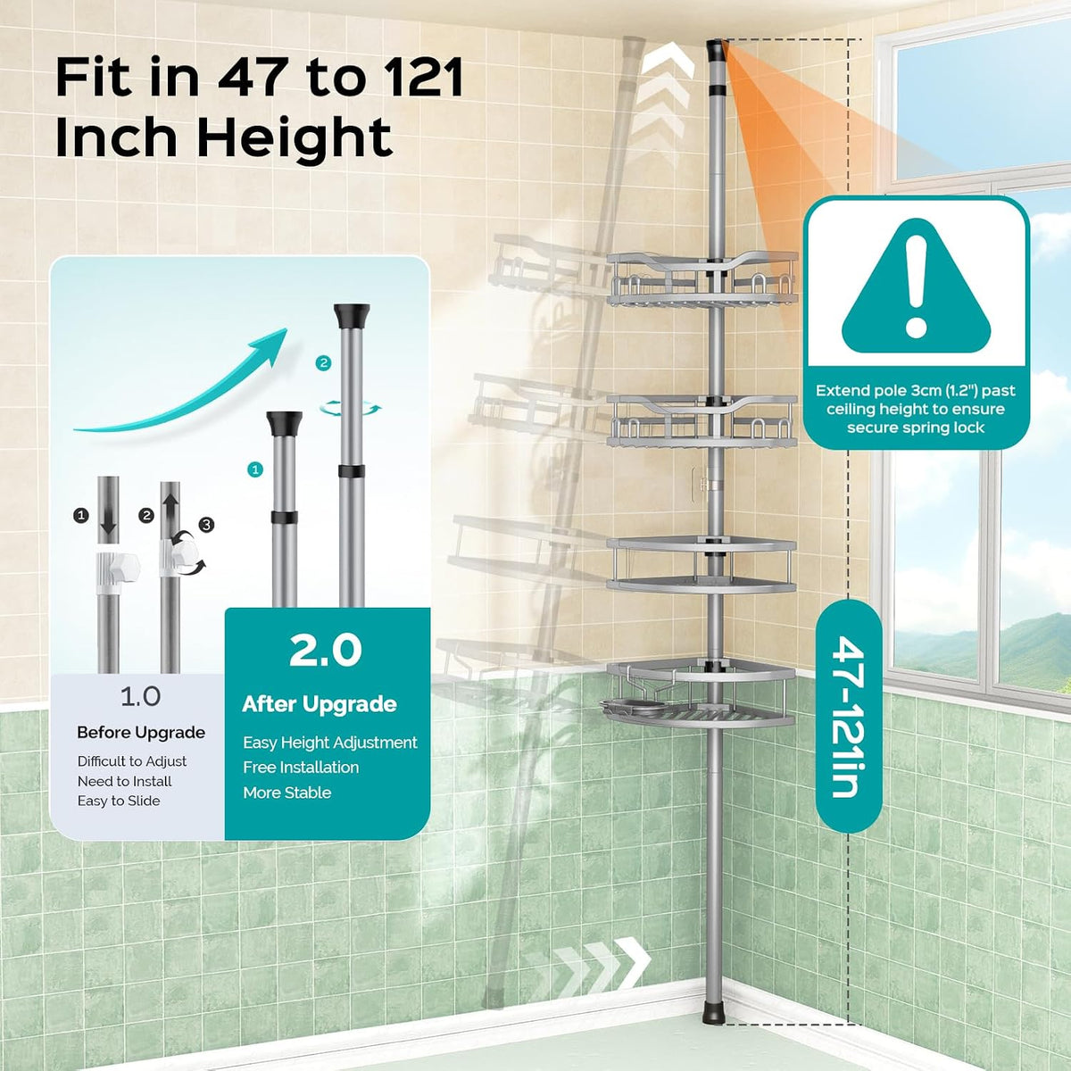 Corner Shower Caddy Tension Pole: Rustproof Stable 4-Tier Bathroom Organizer Shelves for Bathtub Shampoo Storage - 47-121 Inch Quick Install Adjustable Shelf with Soap Rack - Silver Gray