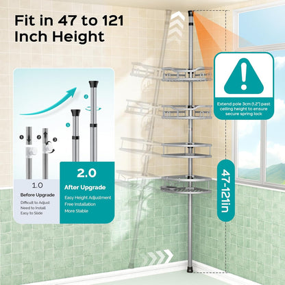 Corner Shower Caddy Tension Pole: Rustproof Stable 4-Tier Bathroom Organizer Shelves for Bathtub Shampoo Storage - 47-121 Inch Quick Install Adjustable Shelf with Soap Rack - Silver Gray