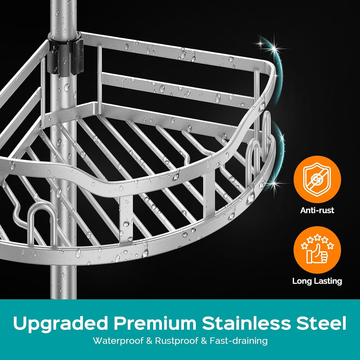 Corner Shower Caddy Tension Pole: Rustproof Stable 4-Tier Bathroom Organizer Shelves for Bathtub Shampoo Storage - 47-121 Inch Quick Install Adjustable Shelf with Soap Rack - Silver Gray