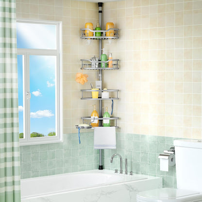 Corner Shower Caddy Tension Pole: Rustproof Stable 4-Tier Bathroom Organizer Shelves for Bathtub Shampoo Storage - 47-121 Inch Quick Install Adjustable Shelf with Soap Rack - Silver Gray