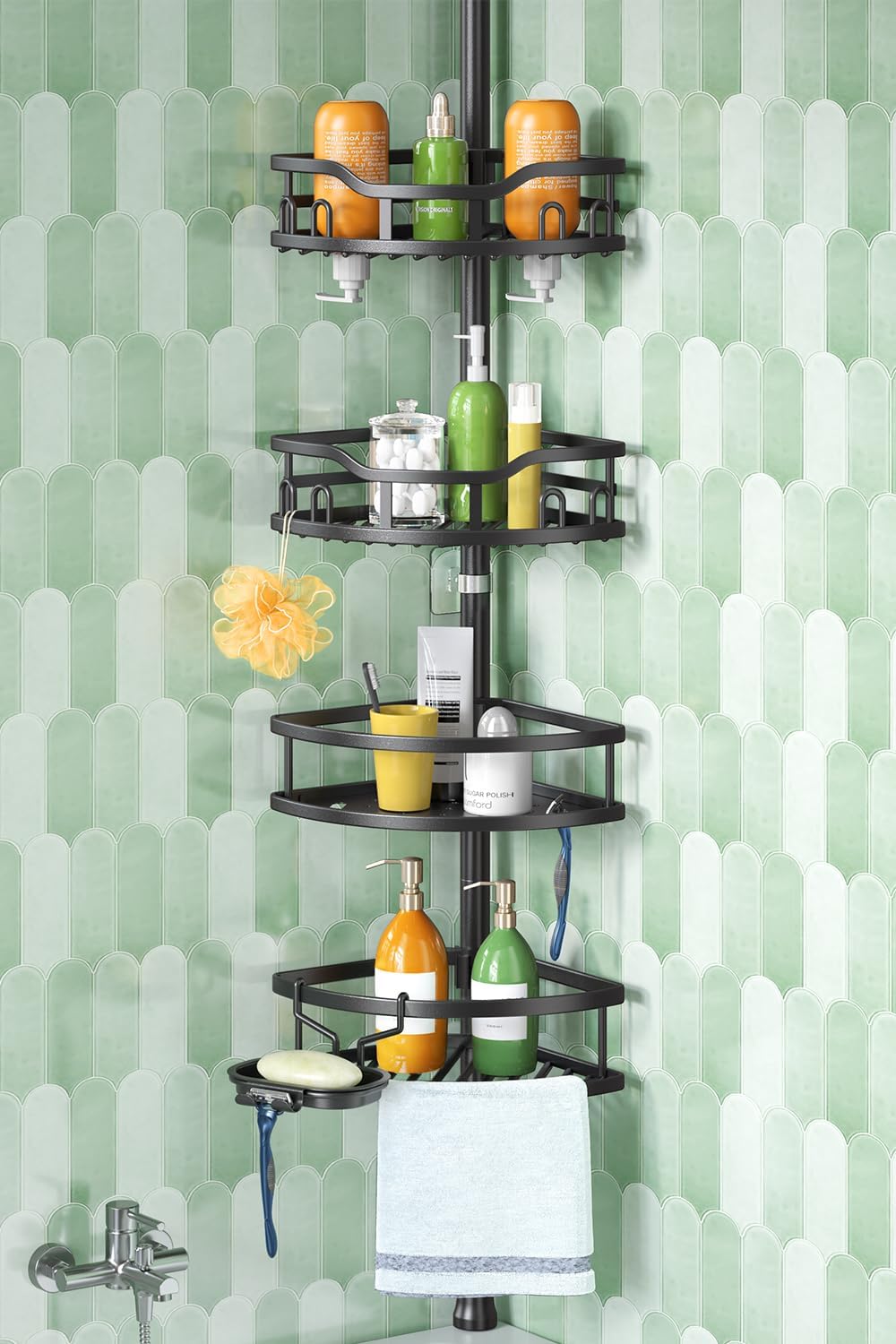 Corner Shower Caddy Tension Pole: Rustproof Stable 4-Tier Bathroom Organizer Shelves for Bathtub Shampoo Storage - 47-121 Inch Quick Install Adjustable Shelf with Soap Rack - Silver Gray