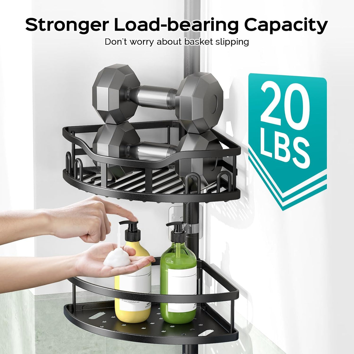 Corner Shower Caddy Tension Pole: Rustproof Stable 4-Tier Bathroom Organizer Shelves for Bathtub Shampoo Storage - 47-121 Inch Quick Install Adjustable Shelf with Soap Rack - Silver Gray