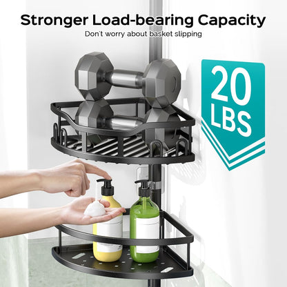 Corner Shower Caddy Tension Pole: Rustproof Stable 4-Tier Bathroom Organizer Shelves for Bathtub Shampoo Storage - 47-121 Inch Quick Install Adjustable Shelf with Soap Rack - Silver Gray