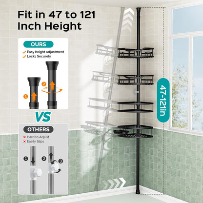 Corner Shower Caddy Tension Pole: Rustproof Stable 4-Tier Bathroom Organizer Shelves for Bathtub Shampoo Storage - 47-121 Inch Quick Install Adjustable Shelf with Soap Rack - Silver Gray
