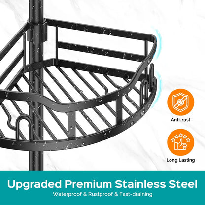 Corner Shower Caddy Tension Pole: Rustproof Stable 4-Tier Bathroom Organizer Shelves for Bathtub Shampoo Storage - 47-121 Inch Quick Install Adjustable Shelf with Soap Rack - Silver Gray