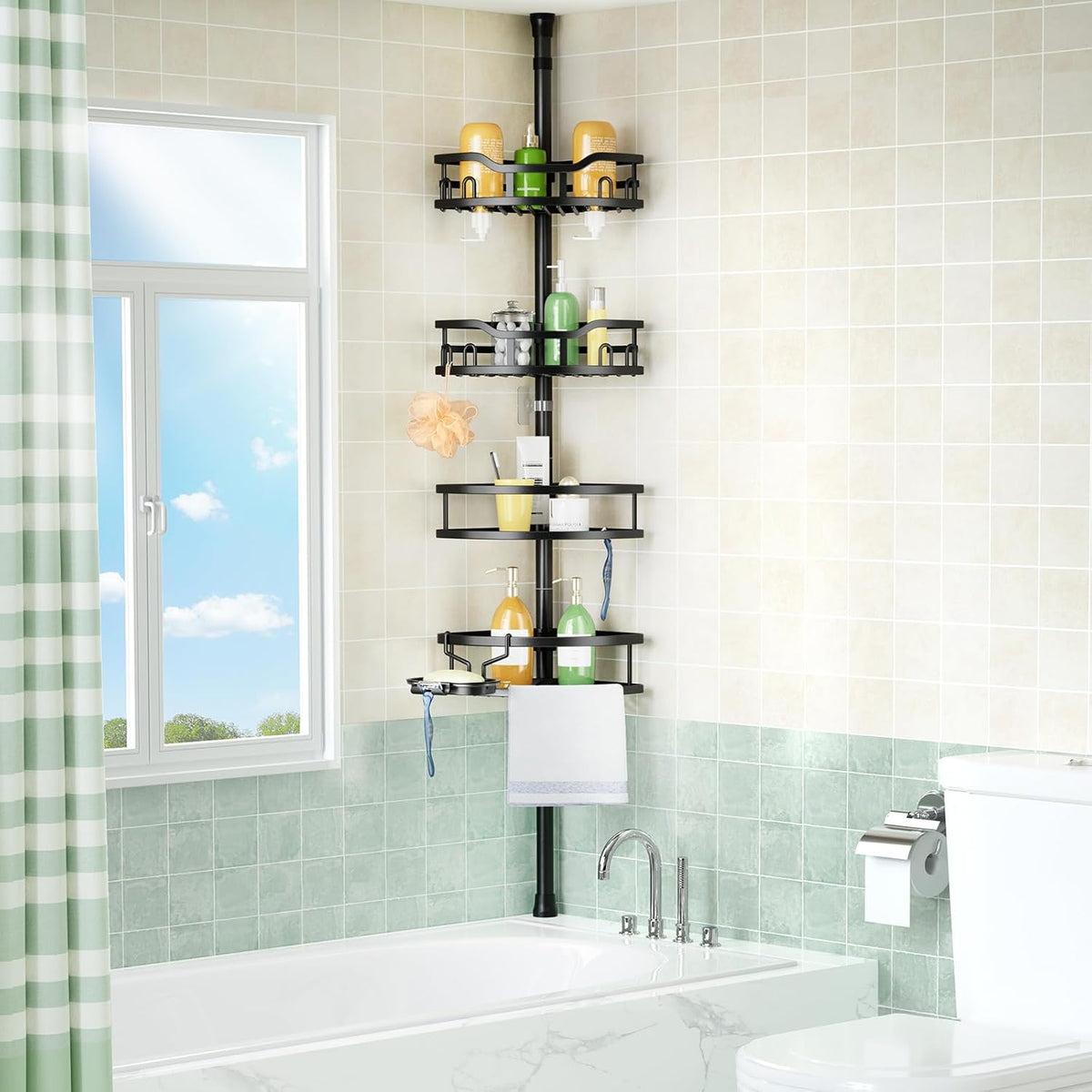 Corner Shower Caddy Tension Pole: Rustproof Stable 4-Tier Bathroom Organizer Shelves for Bathtub Shampoo Storage - 47-121 Inch Quick Install Adjustable Shelf with Soap Rack - Silver Gray
