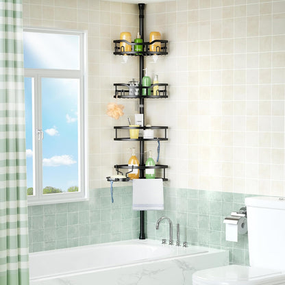 Corner Shower Caddy Tension Pole: Rustproof Stable 4-Tier Bathroom Organizer Shelves for Bathtub Shampoo Storage - 47-121 Inch Quick Install Adjustable Shelf with Soap Rack - Silver Gray