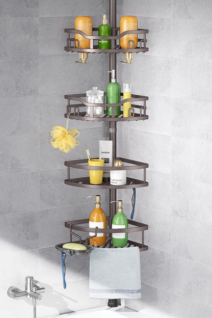 Corner Shower Caddy Tension Pole: Rustproof Stable 4-Tier Bathroom Organizer Shelves for Bathtub Shampoo Storage - 47-121 Inch Quick Install Adjustable Shelf with Soap Rack - Silver Gray