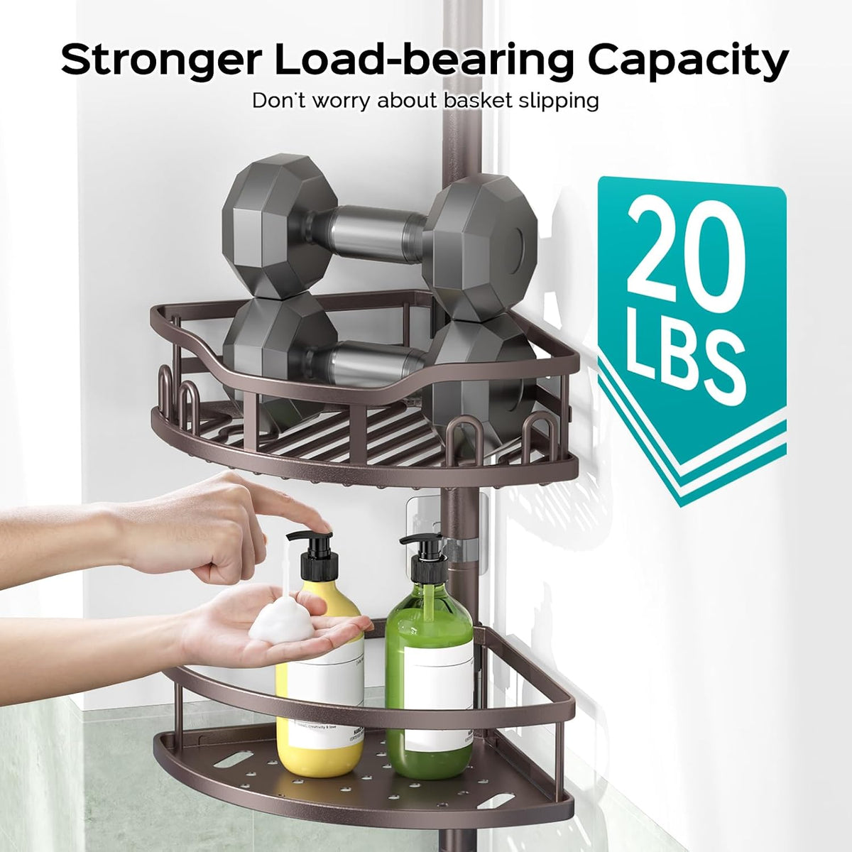 Corner Shower Caddy Tension Pole: Rustproof Stable 4-Tier Bathroom Organizer Shelves for Bathtub Shampoo Storage - 47-121 Inch Quick Install Adjustable Shelf with Soap Rack - Silver Gray