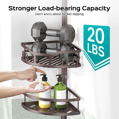 Corner Shower Caddy Tension Pole: Rustproof Stable 4-Tier Bathroom Organizer Shelves for Bathtub Shampoo Storage - 47-121 Inch Quick Install Adjustable Shelf with Soap Rack - Silver Gray