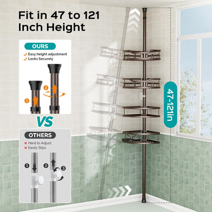 Corner Shower Caddy Tension Pole: Rustproof Stable 4-Tier Bathroom Organizer Shelves for Bathtub Shampoo Storage - 47-121 Inch Quick Install Adjustable Shelf with Soap Rack - Silver Gray