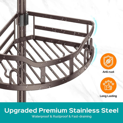 Corner Shower Caddy Tension Pole: Rustproof Stable 4-Tier Bathroom Organizer Shelves for Bathtub Shampoo Storage - 47-121 Inch Quick Install Adjustable Shelf with Soap Rack - Silver Gray