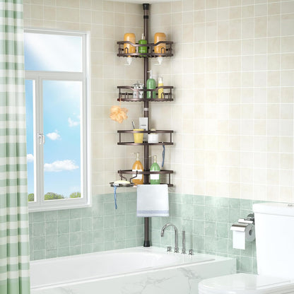 Corner Shower Caddy Tension Pole: Rustproof Stable 4-Tier Bathroom Organizer Shelves for Bathtub Shampoo Storage - 47-121 Inch Quick Install Adjustable Shelf with Soap Rack - Silver Gray