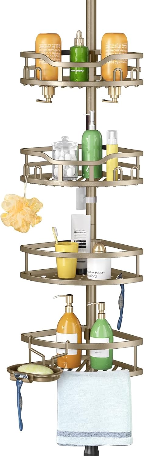 Corner Shower Caddy Tension Pole: Rustproof Stable 4-Tier Bathroom Organizer Shelves for Bathtub Shampoo Storage - 47-121 Inch Quick Install Adjustable Shelf with Soap Rack - Silver Gray