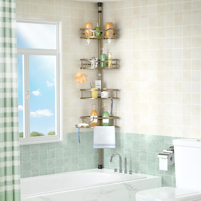 Corner Shower Caddy Tension Pole: Rustproof Stable 4-Tier Bathroom Organizer Shelves for Bathtub Shampoo Storage - 47-121 Inch Quick Install Adjustable Shelf with Soap Rack - Silver Gray