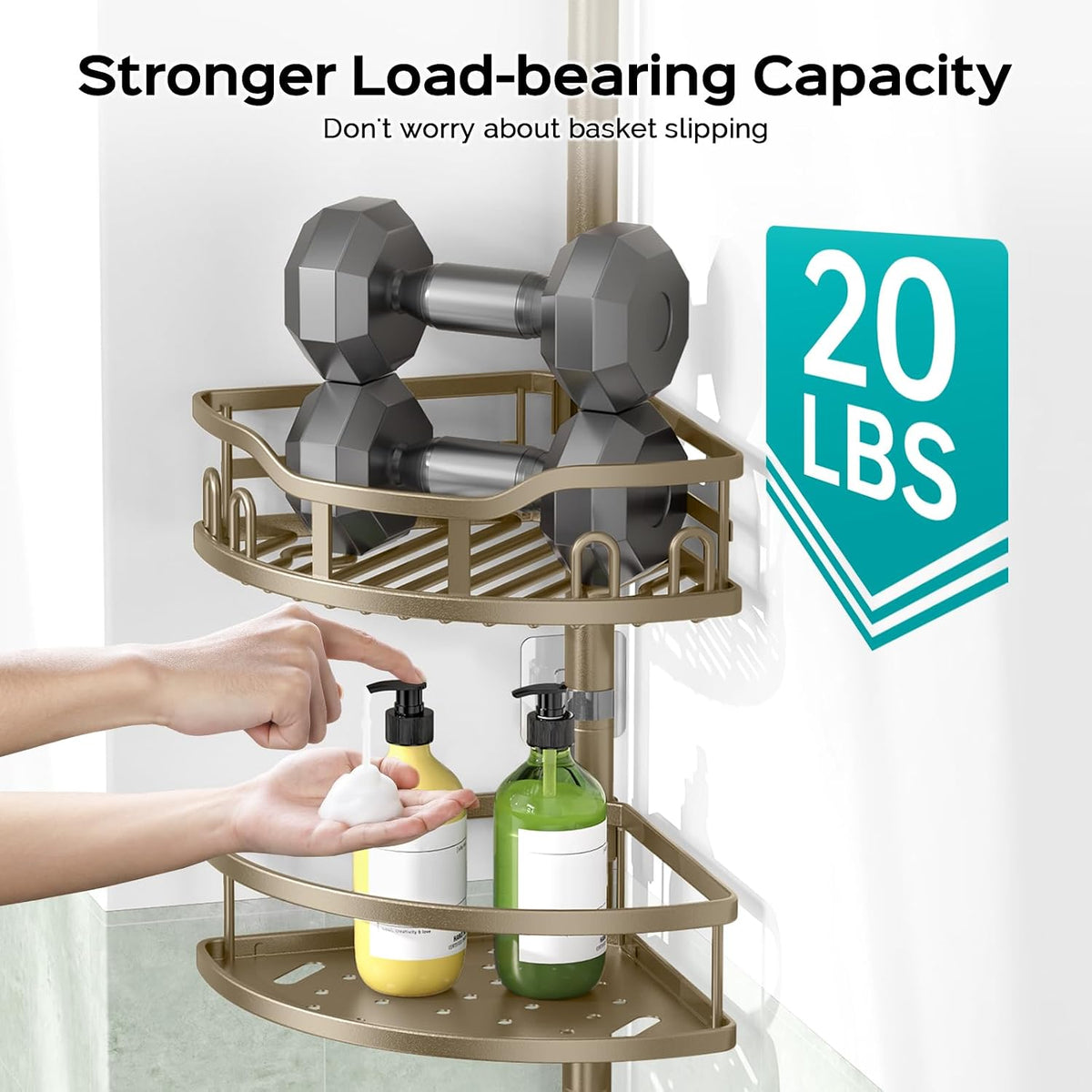 Corner Shower Caddy Tension Pole: Rustproof Stable 4-Tier Bathroom Organizer Shelves for Bathtub Shampoo Storage - 47-121 Inch Quick Install Adjustable Shelf with Soap Rack - Silver Gray