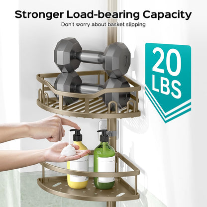 Corner Shower Caddy Tension Pole: Rustproof Stable 4-Tier Bathroom Organizer Shelves for Bathtub Shampoo Storage - 47-121 Inch Quick Install Adjustable Shelf with Soap Rack - Silver Gray