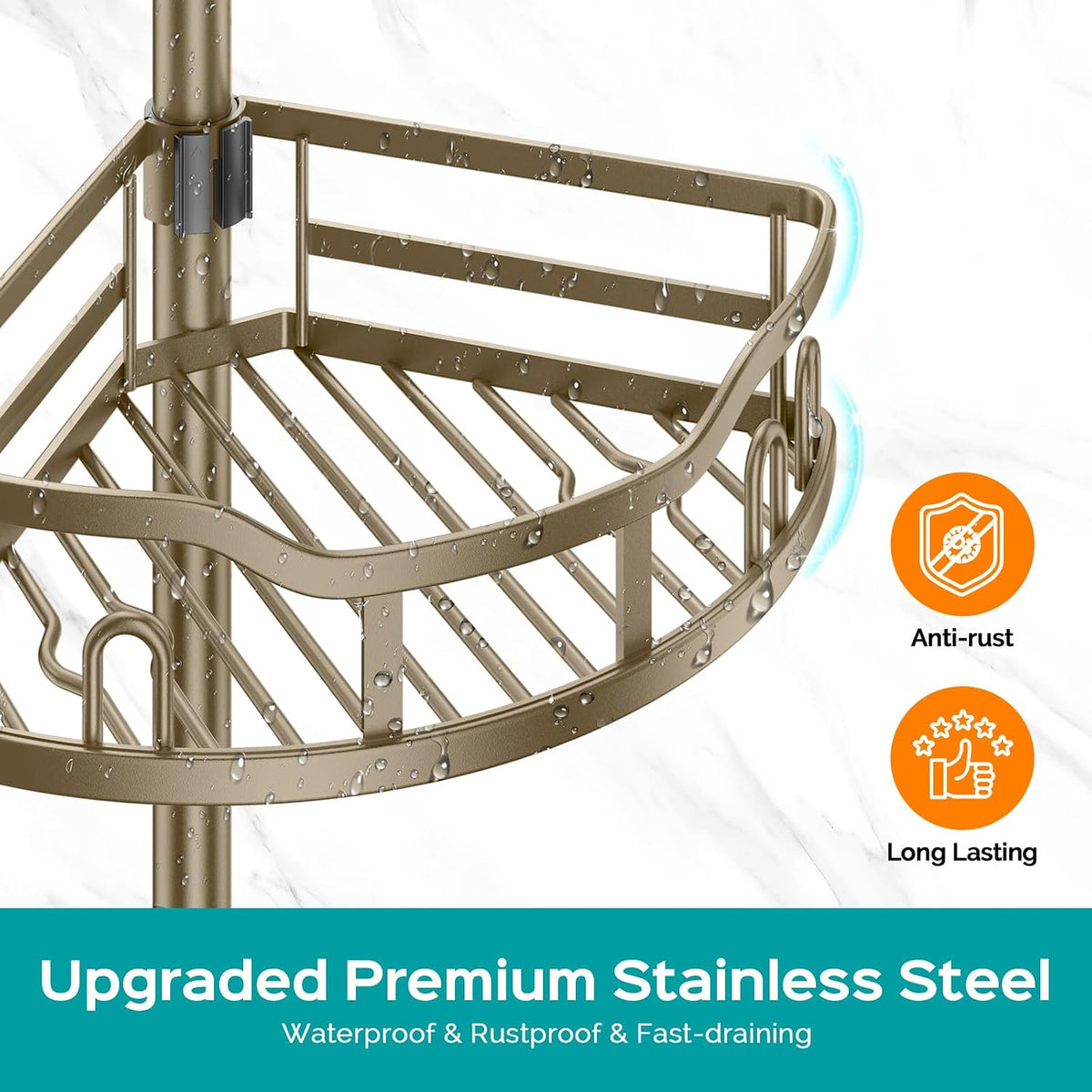 Corner Shower Caddy Tension Pole: Rustproof Stable 4-Tier Bathroom Organizer Shelves for Bathtub Shampoo Storage - 47-121 Inch Quick Install Adjustable Shelf with Soap Rack - Silver Gray