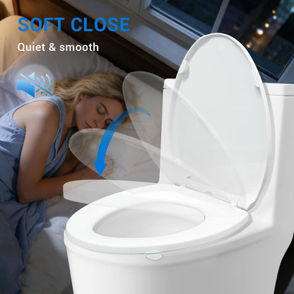 Elongated Toilet Seat, 18.5 Inch, White | Soft Close Toilet Seat with No-Touch Handle, Quick Release for Easy Cleaning, Non-Slip Bumpers, Durable PP
