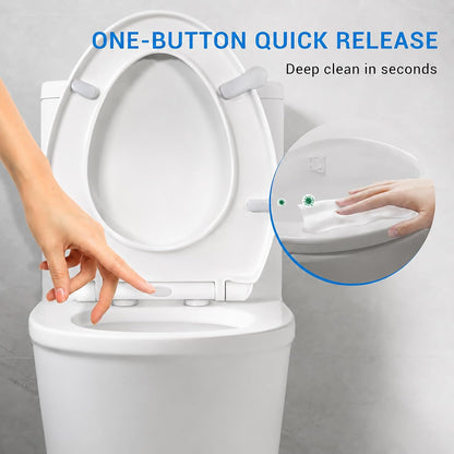 Elongated Toilet Seat, 18.5 Inch, White | Soft Close Toilet Seat with No-Touch Handle, Quick Release for Easy Cleaning, Non-Slip Bumpers, Durable PP