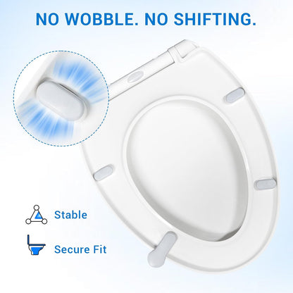 Elongated Toilet Seat, 18.5 Inch, White | Soft Close Toilet Seat with No-Touch Handle, Quick Release for Easy Cleaning, Non-Slip Bumpers, Durable PP