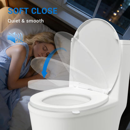Elongated Toilet Seat, 18.5 Inch, White | Soft Close Toilet Seat with No-Touch Handle, Quick Release for Easy Cleaning, Non-Slip Bumpers, Durable PP