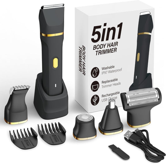 5-in-1 Electric Bikini Trimmer for Women – IPX7 Waterproof Shaver, Cordless Body & Facial Razors for Women, Ceramic Blades, USB-C Rechargeable, Painless Hair Removal Kit (White)