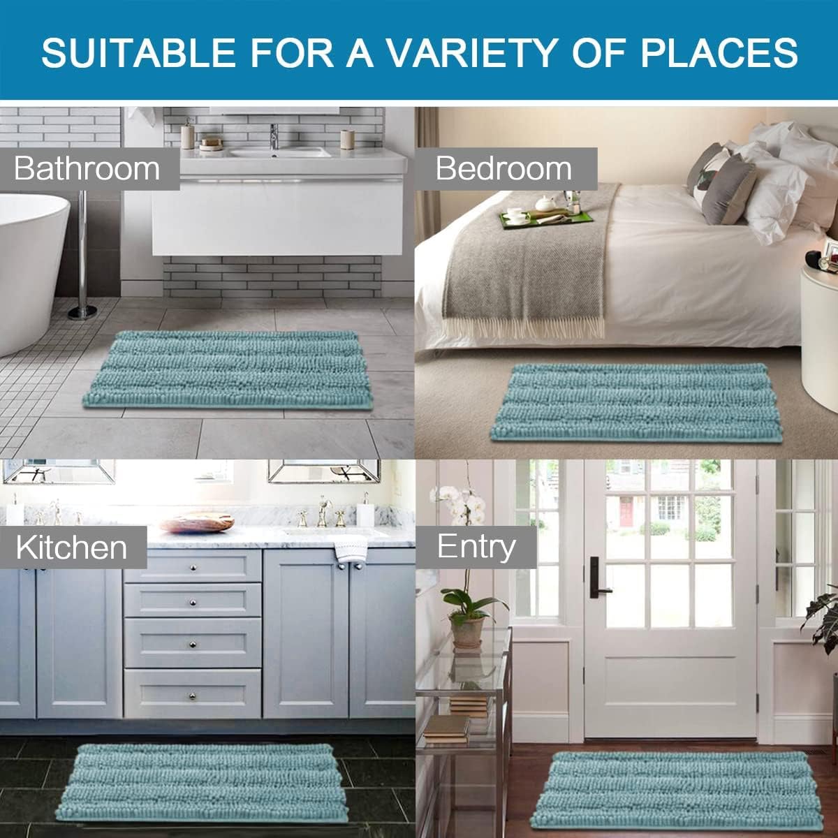 Sage Bathroom Rugs, Bath Mat Set of 2 Extra Thick Chenille Striped Pattern Shaggy Bath Rugs for Bath Room, Non Skid Bath Mats for Bathroom Floor (32 x 20 Plus 24 x 17 - Inches) - Colors A