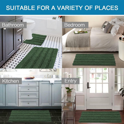 Sage Bathroom Rugs, Bath Mat Set of 2 Extra Thick Chenille Striped Pattern Shaggy Bath Rugs for Bath Room, Non Skid Bath Mats for Bathroom Floor (32 x 20 Plus 24 x 17 - Inches) - Colors A