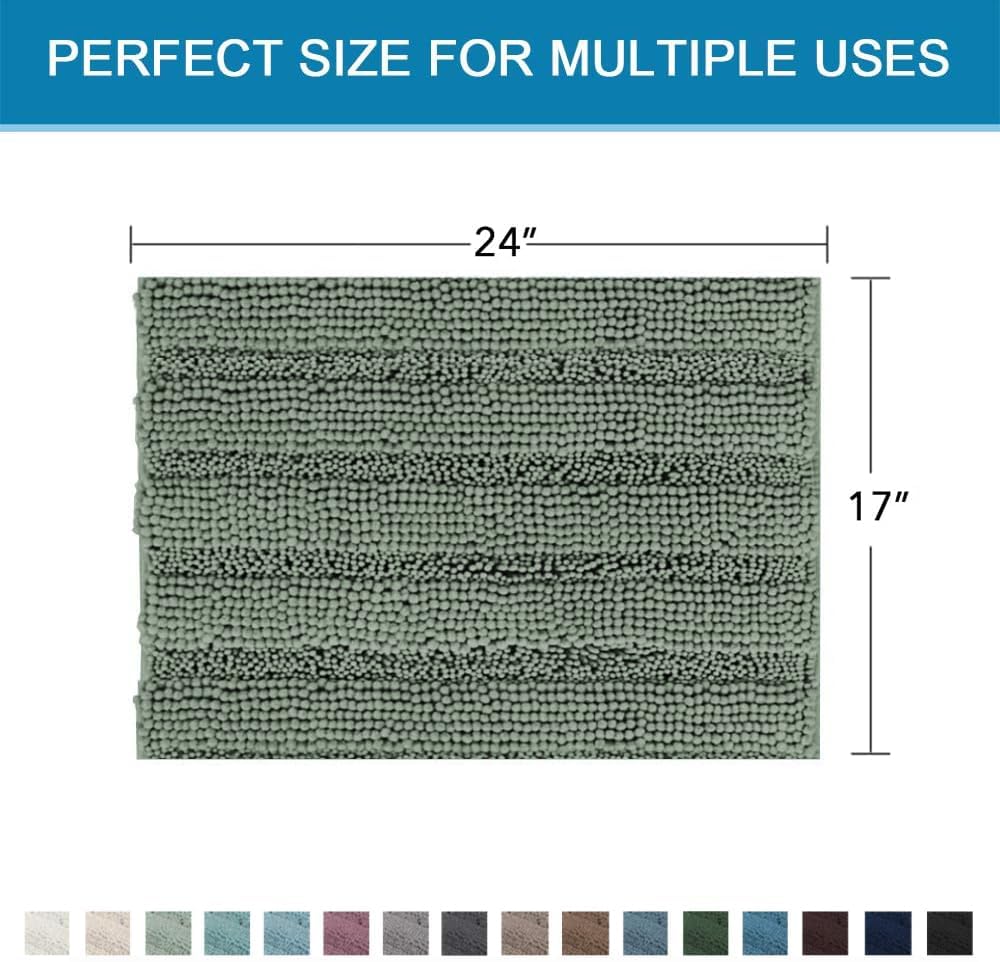 Sage Bathroom Rugs, Bath Mat Set of 2 Extra Thick Chenille Striped Pattern Shaggy Bath Rugs for Bath Room, Non Skid Bath Mats for Bathroom Floor (32 x 20 Plus 24 x 17 - Inches) - Colors A