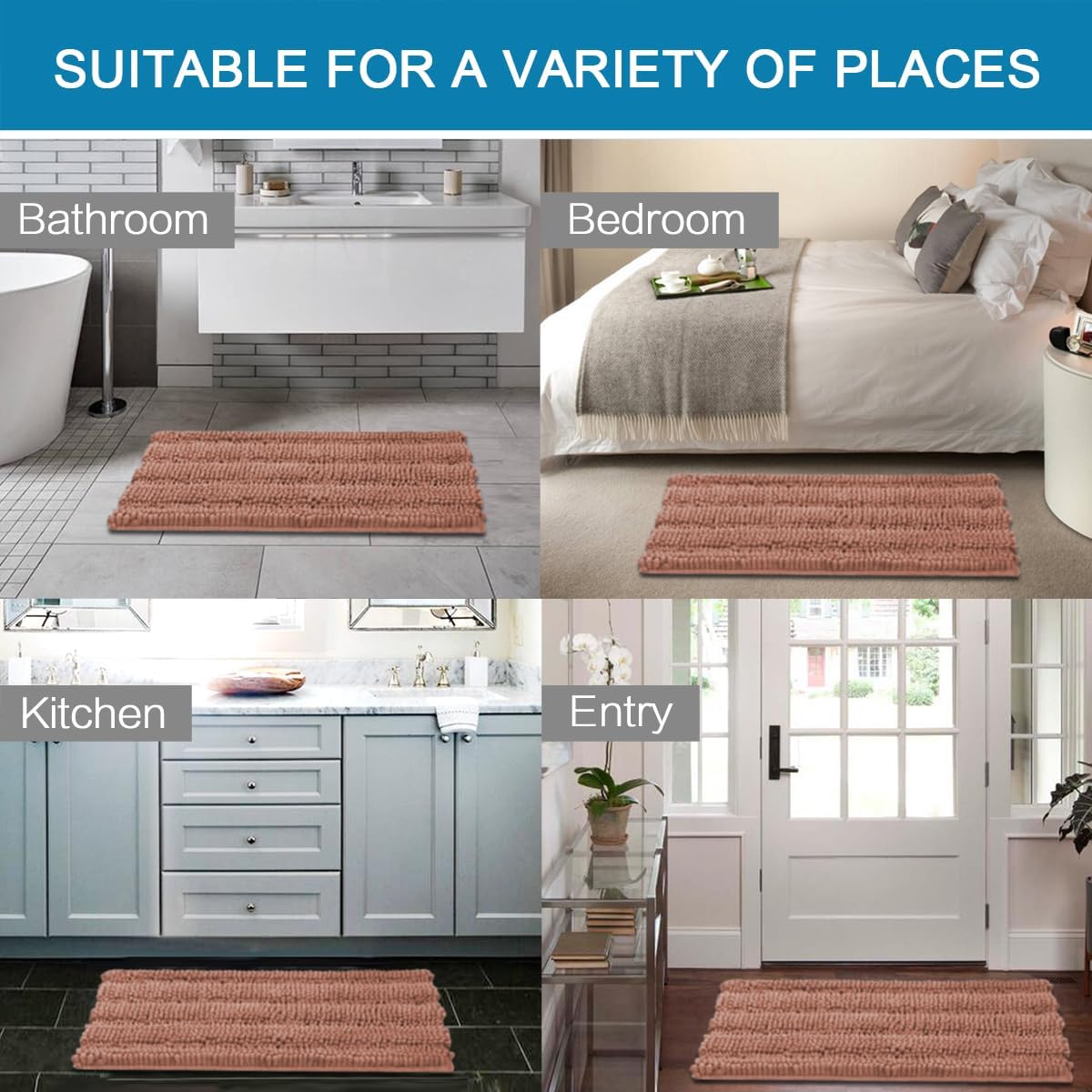 Sage Bathroom Rugs, Bath Mat Set of 2 Extra Thick Chenille Striped Pattern Shaggy Bath Rugs for Bath Room, Non Skid Bath Mats for Bathroom Floor (32 x 20 Plus 24 x 17 - Inches) - Colors A