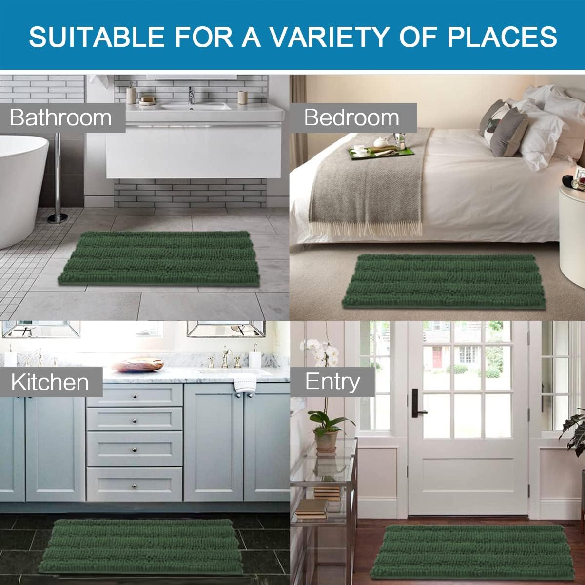 Sage Bathroom Rugs, Bath Mat Set of 2 Extra Thick Chenille Striped Pattern Shaggy Bath Rugs for Bath Room, Non Skid Bath Mats for Bathroom Floor (32 x 20 Plus 24 x 17 - Inches) - Colors A